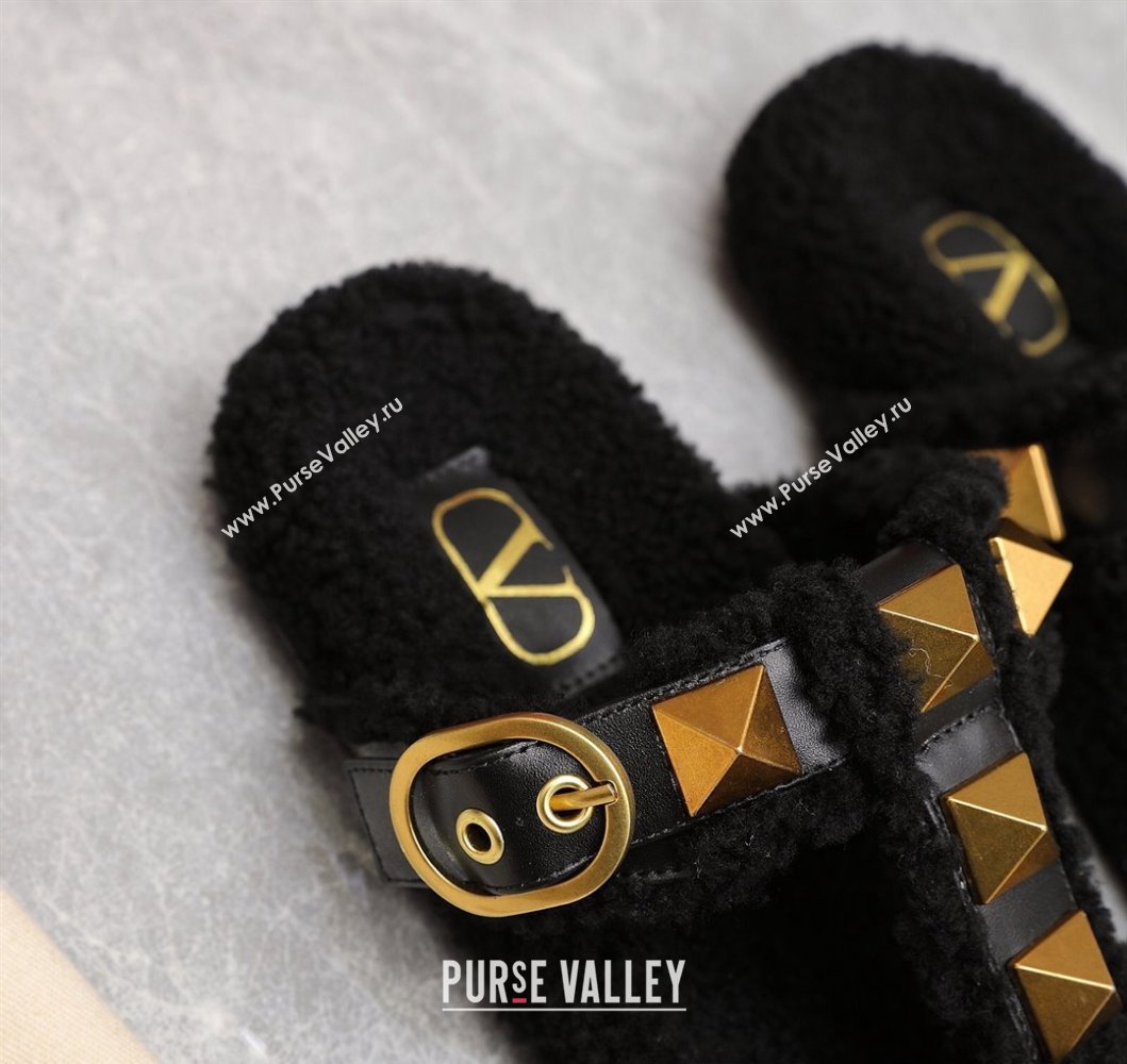 Valentino Shearling Roman Stud Slides Sandals Black (hongyang-23101201)