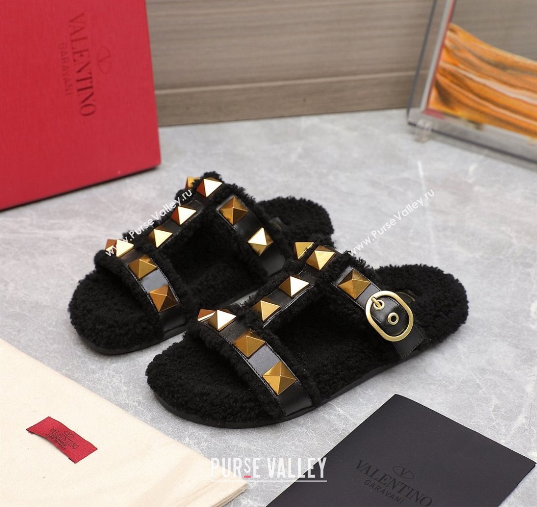 Valentino Shearling Roman Stud Slides Sandals Black (hongyang-23101201)