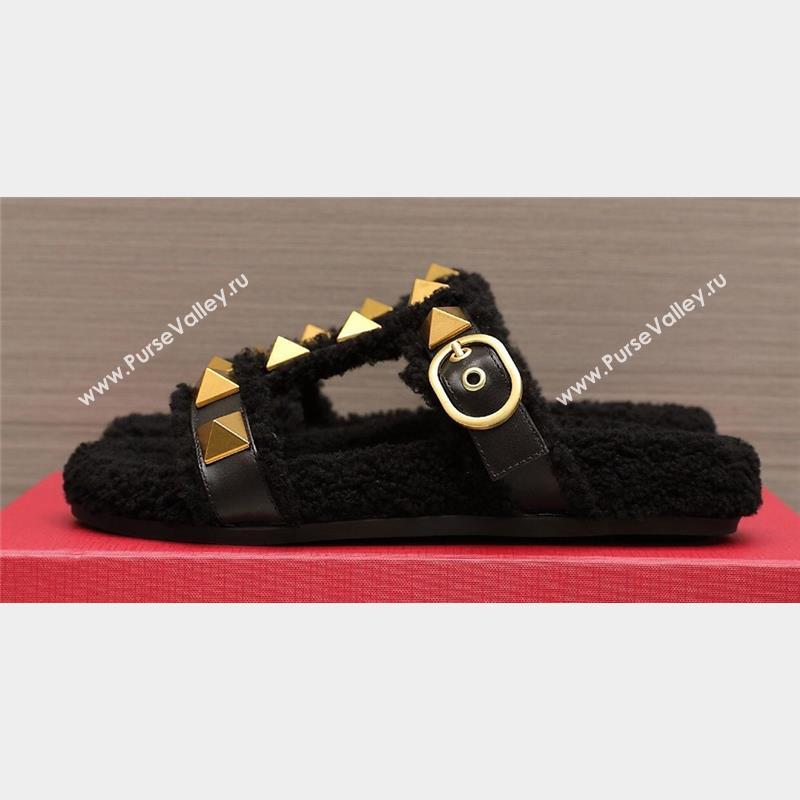 Valentino Shearling Roman Stud Slides Sandals Black (hongyang-23101201)