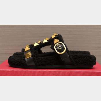 Valentino Shearling Roman Stud Slides Sandals Black (hongyang-23101201)