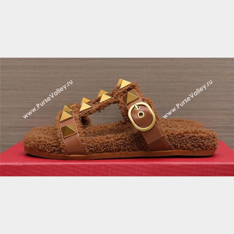 Valentino Shearling Roman Stud Slides Sandals Brown (hongyang-23101203)