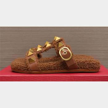 Valentino Shearling Roman Stud Slides Sandals Brown (hongyang-23101203)