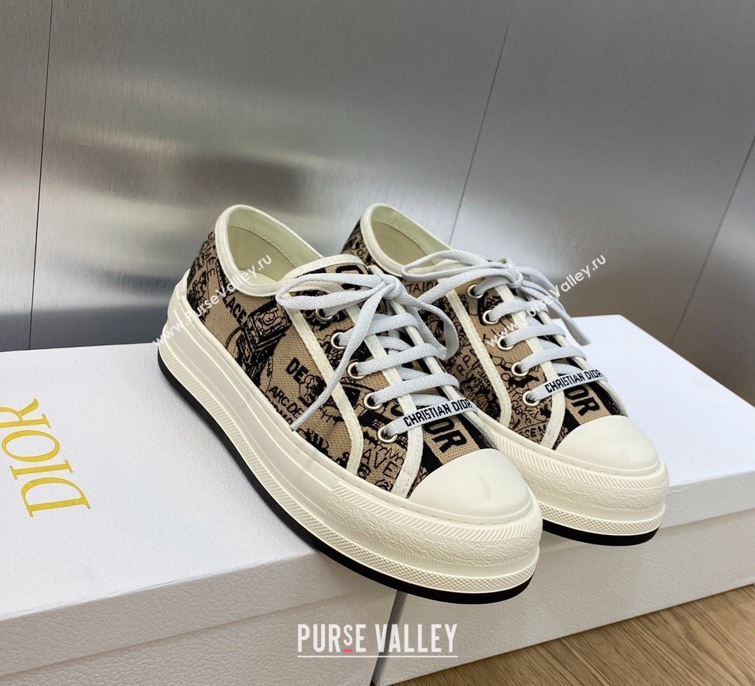 DIOR WalknDior Platform Low Top Sneakers in Beige and Black Cotton Embroidered with Plan de Paris Motif 2023 (modeng-23092502)