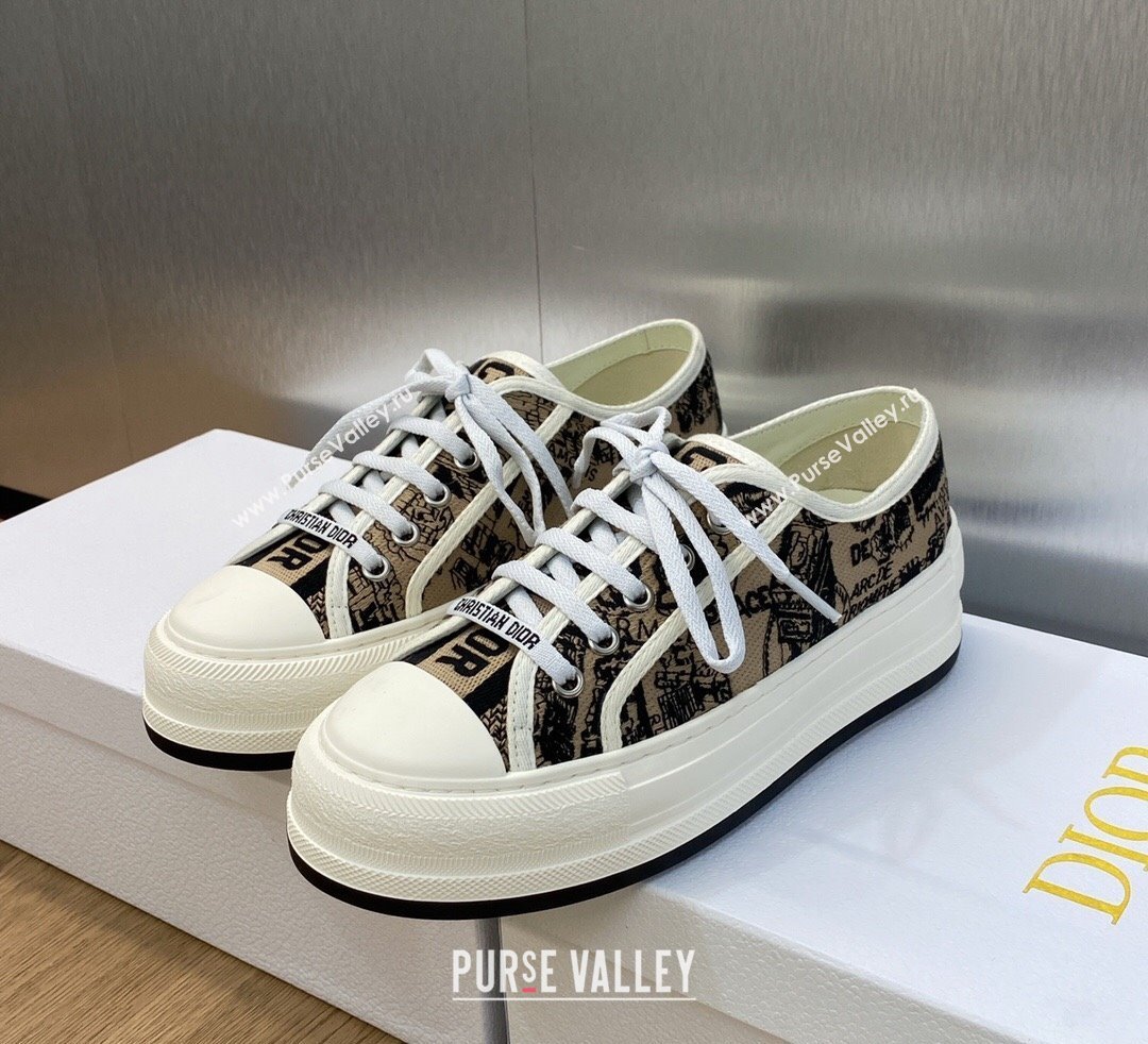 DIOR WalknDior Platform Low Top Sneakers in Beige and Black Cotton Embroidered with Plan de Paris Motif 2023 (modeng-23092502)