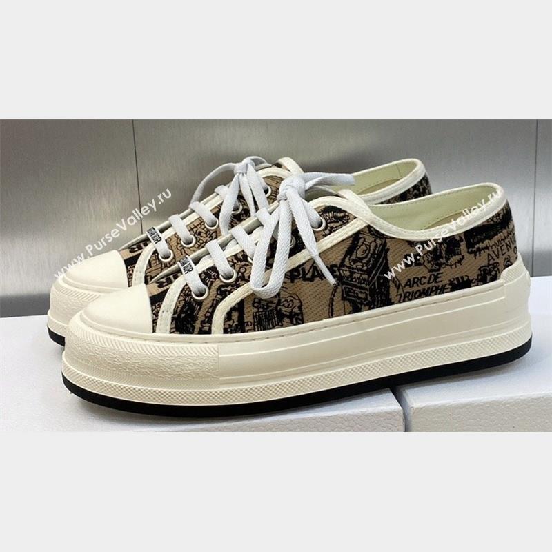 DIOR WalknDior Platform Low Top Sneakers in Beige and Black Cotton Embroidered with Plan de Paris Motif 2023 (modeng-23092502)