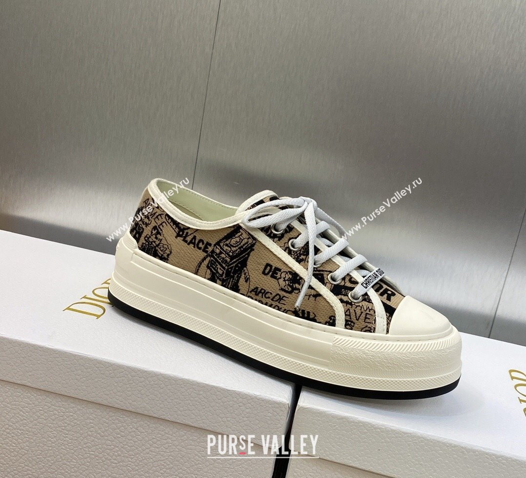DIOR WalknDior Platform Low Top Sneakers in Beige and Black Cotton Embroidered with Plan de Paris Motif 2023 (modeng-23092502)