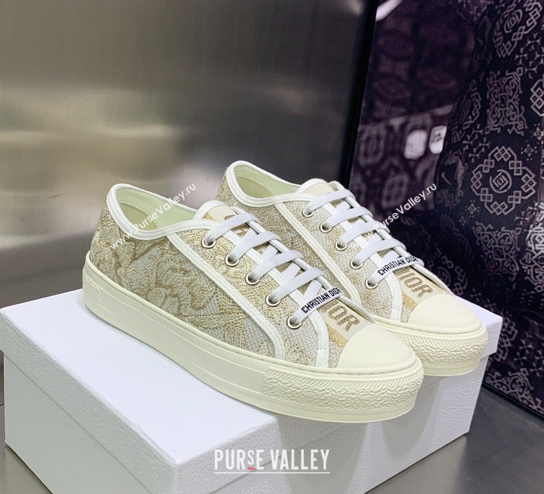DIOR WalknDior Low Top Sneakers in Gold Tone Cotton Embroidery 2023 (jincheng-23092521)