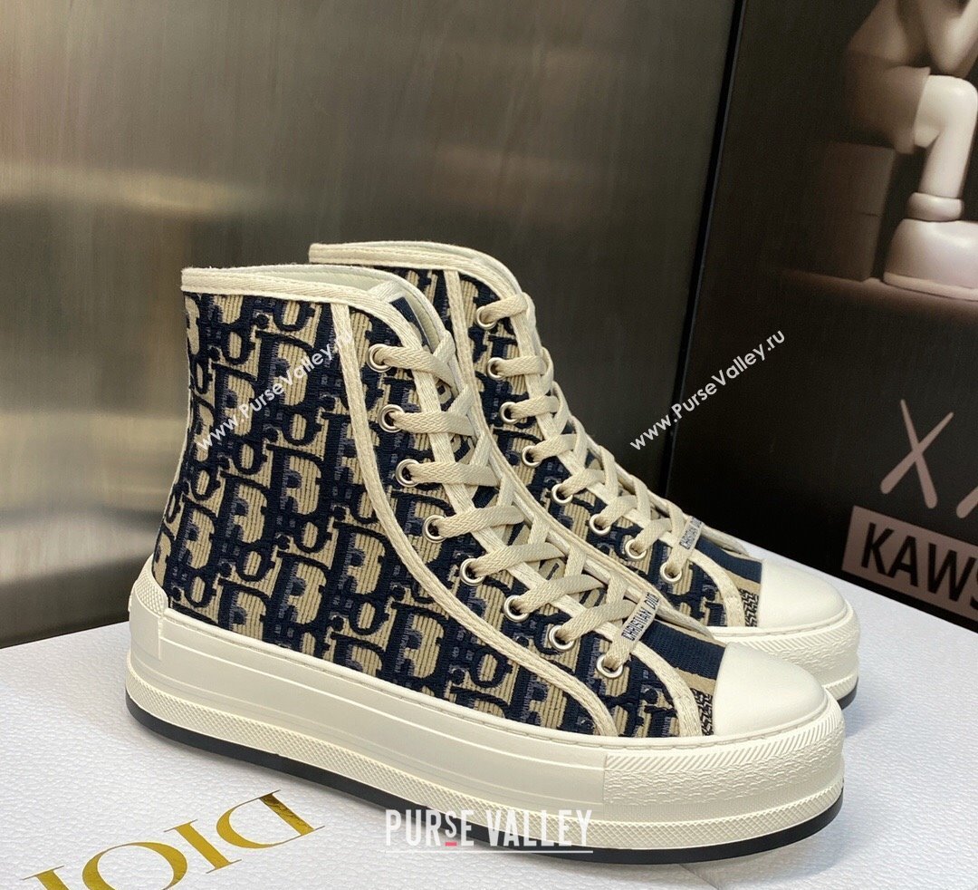 DIOR WalknDior Platform High Top Sneakers in Deep Blue Oblique Embroidered Cotton 2023 (jincheng-23092502)