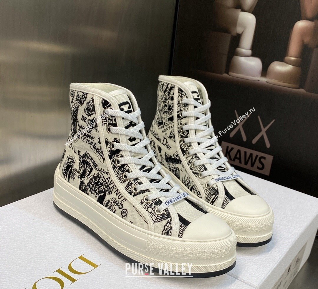 DIOR WalknDior Platform High Top Sneakers in White and Black Cotton Embroidered with Plan de Paris Motif 2023 (jincheng-23092504