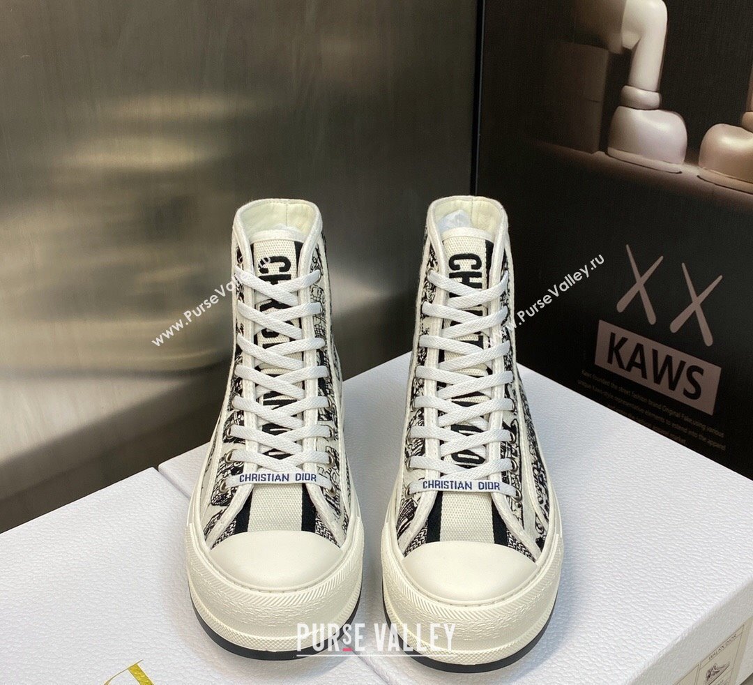 DIOR WalknDior Platform High Top Sneakers in White and Black Cotton Embroidered with Plan de Paris Motif 2023 (jincheng-23092504