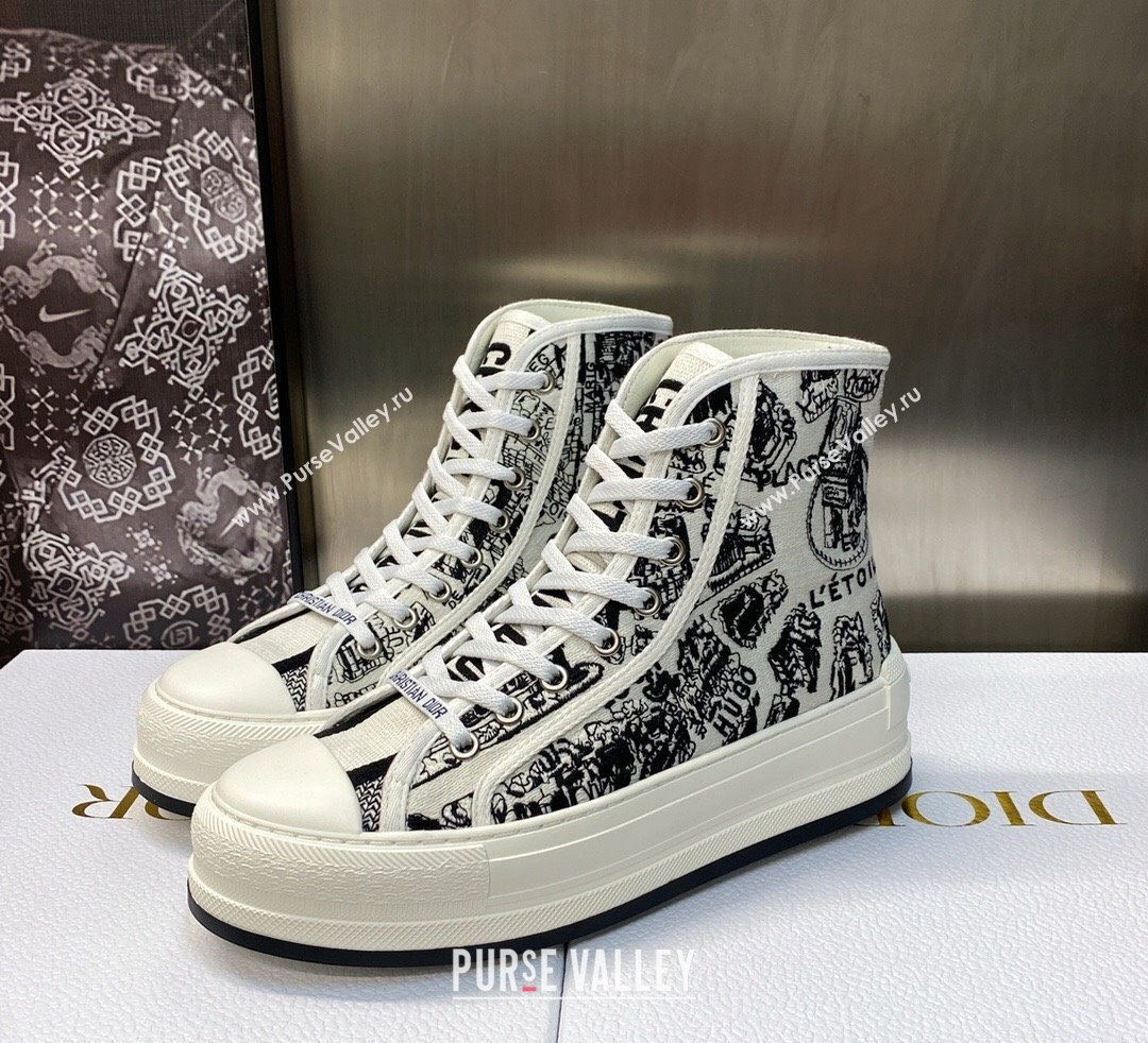 DIOR WalknDior Platform High Top Sneakers in White and Black Cotton Embroidered with Plan de Paris Motif 2023 (jincheng-23092504