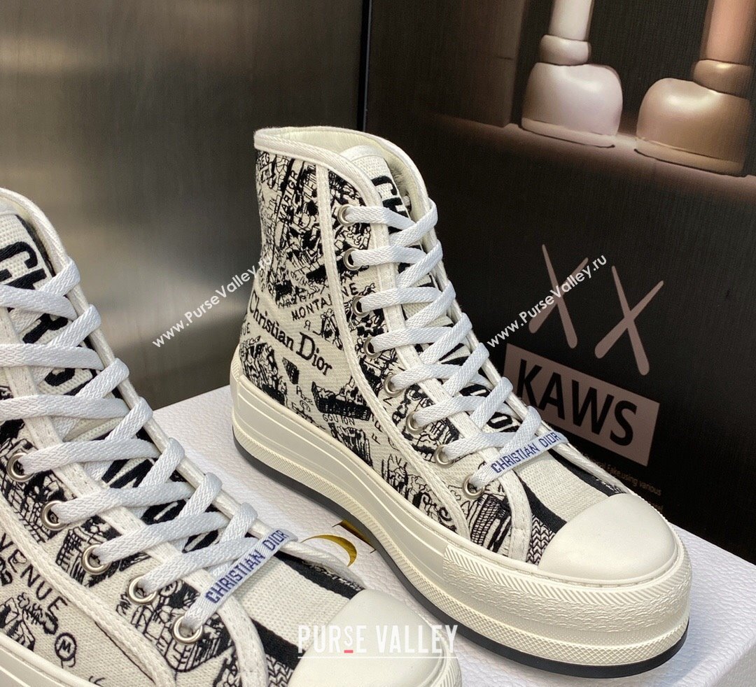 DIOR WalknDior Platform High Top Sneakers in White and Black Cotton Embroidered with Plan de Paris Motif 2023 (jincheng-23092504
