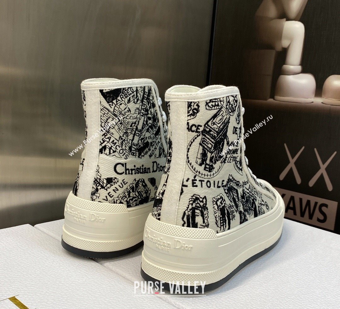 DIOR WalknDior Platform High Top Sneakers in White and Black Cotton Embroidered with Plan de Paris Motif 2023 (jincheng-23092504