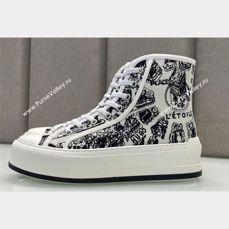 DIOR WalknDior Platform High Top Sneakers in White and Black Cotton Embroidered with Plan de Paris Motif 2023 (jincheng-23092504