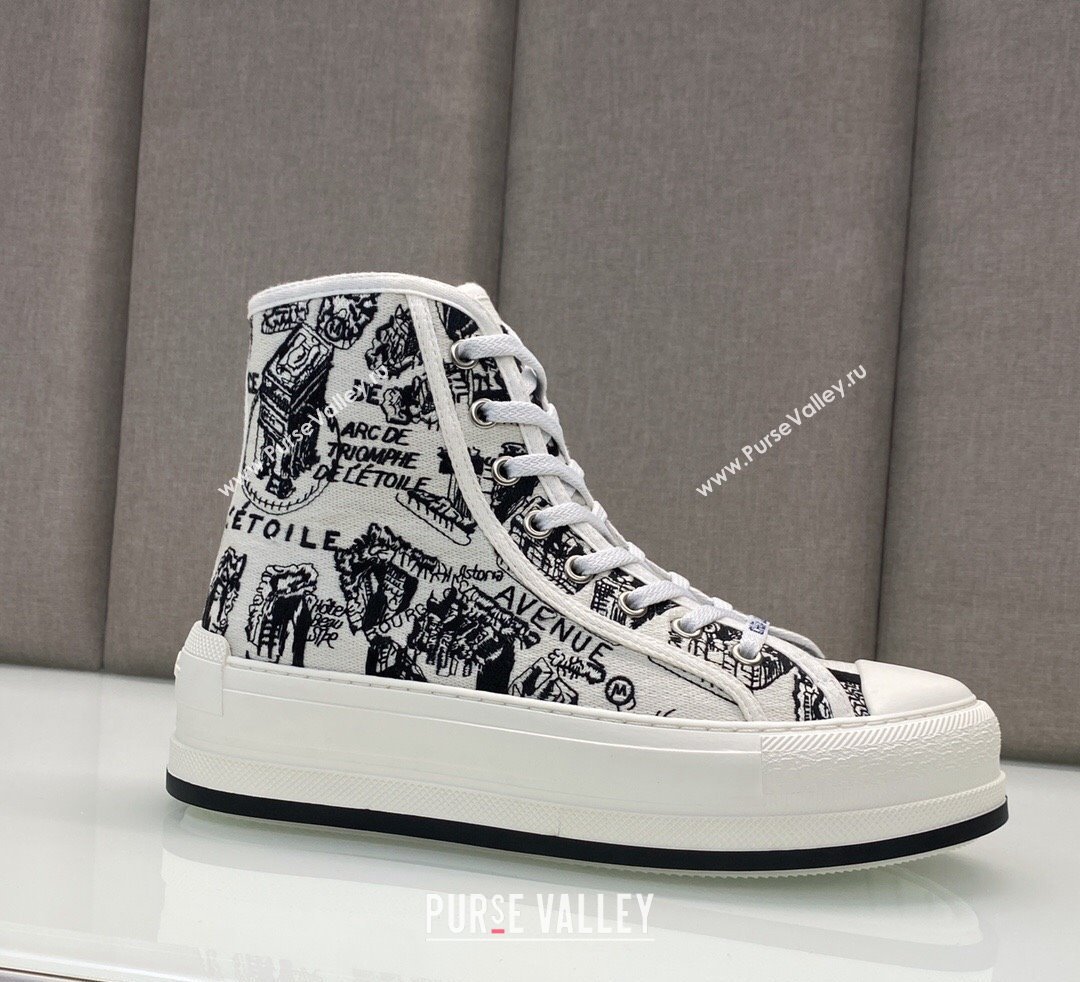 DIOR WalknDior Platform High Top Sneakers in White and Black Cotton Embroidered with Plan de Paris Motif 2023 (jincheng-23092504