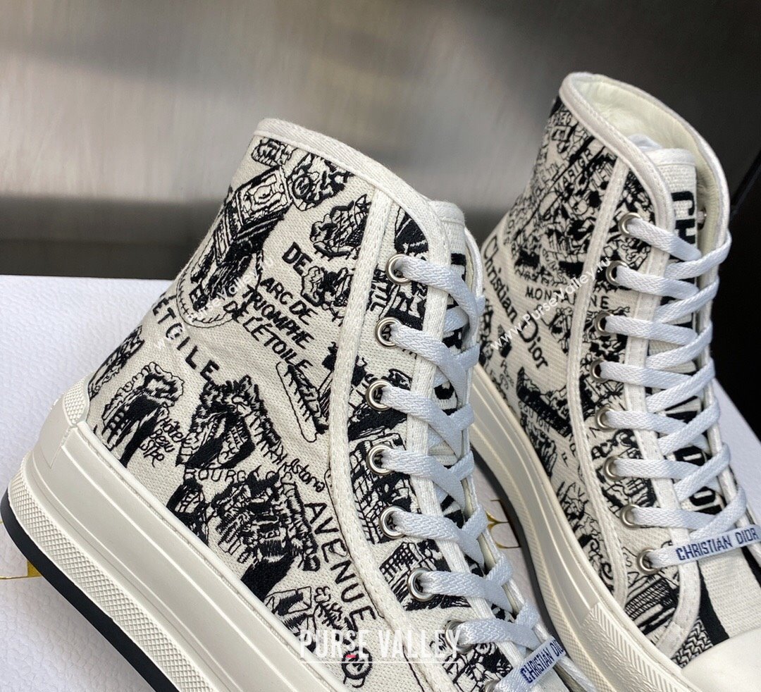 DIOR WalknDior Platform High Top Sneakers in White and Black Cotton Embroidered with Plan de Paris Motif 2023 (jincheng-23092504