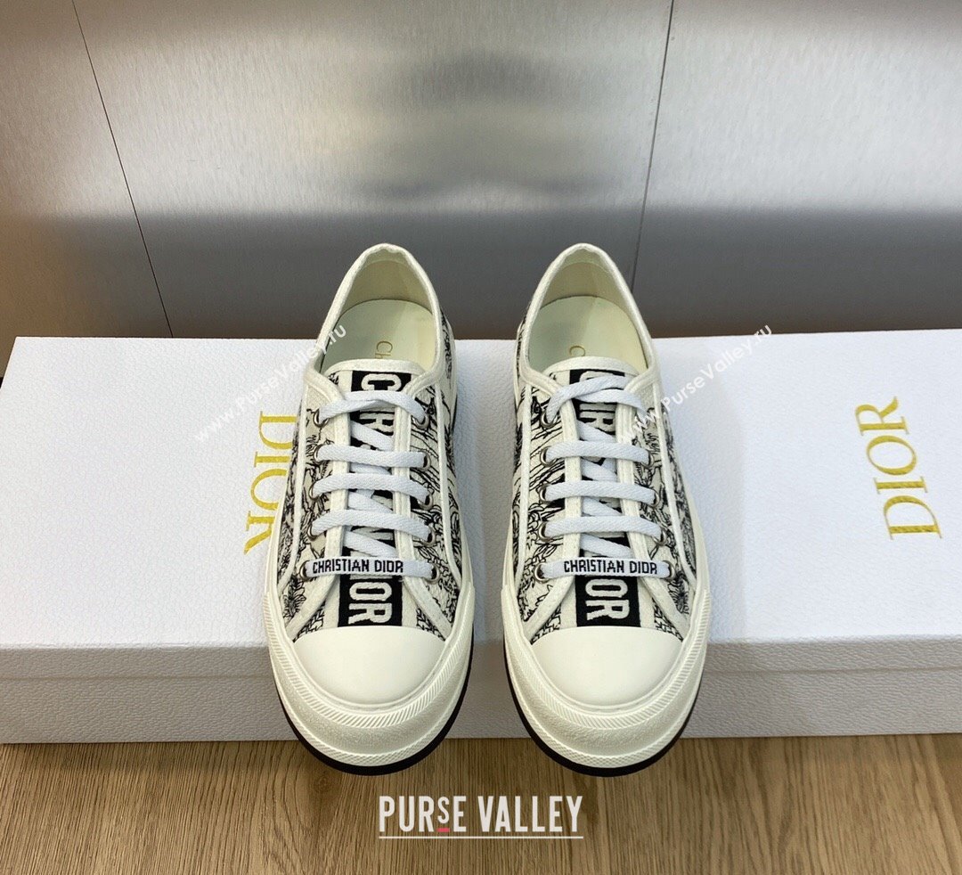 DIOR WalknDior Platform Low Top Sneakers in White and Black Embroidered Cotton with Toile de Jouy Voyage Motif 2023 (modeng-2309