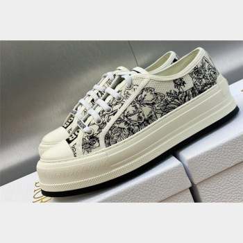 DIOR WalknDior Platform Low Top Sneakers in White and Black Embroidered Cotton with Toile de Jouy Voyage Motif 2023 (modeng-2309