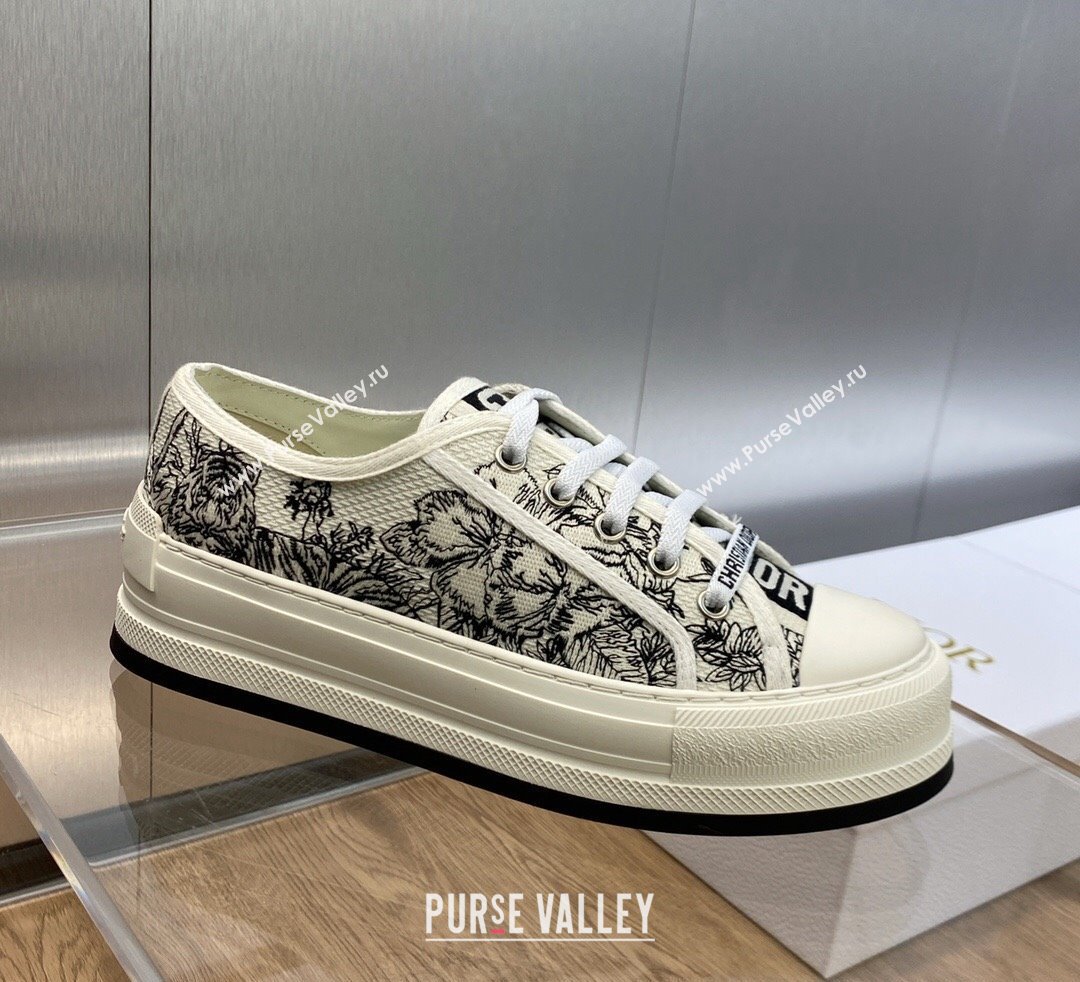 DIOR WalknDior Platform Low Top Sneakers in White and Black Embroidered Cotton with Toile de Jouy Voyage Motif 2023 (modeng-2309