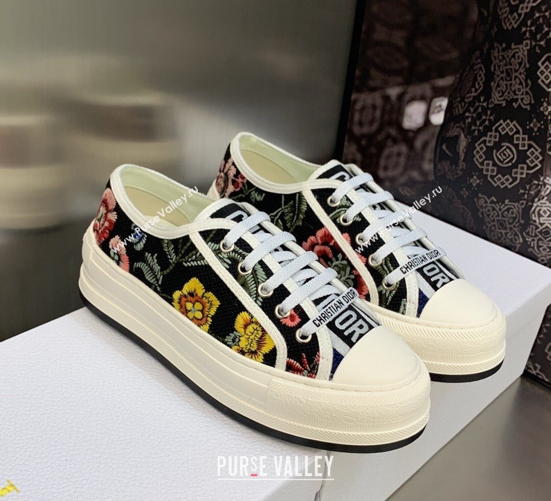 DIOR WalknDior Platform Low Top Sneakers in Black Multicolor Cotton Embroidered With Petites Fleurs Motif 2023 (modeng-23092511)