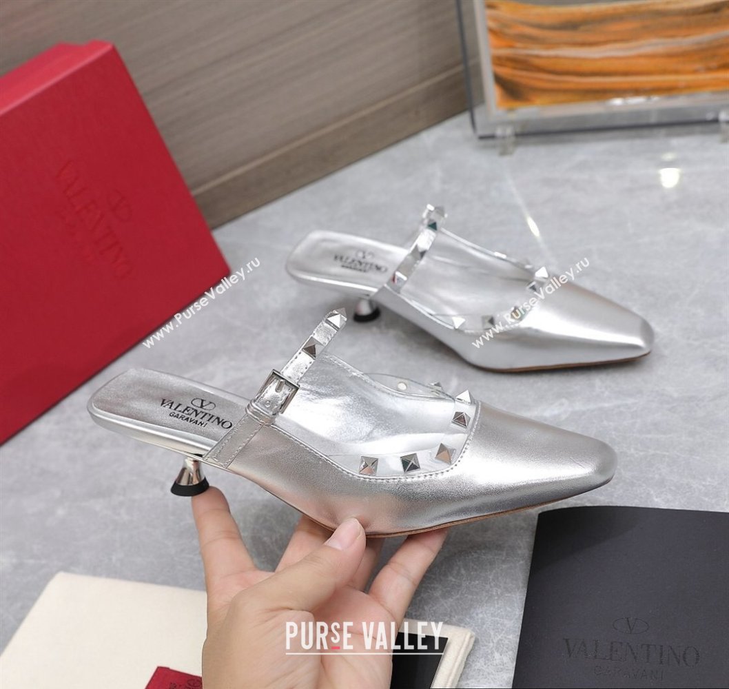 Valentino Heel 5cm Rockstud Couture Mules in Mirror Silver (hongyang-23101248)