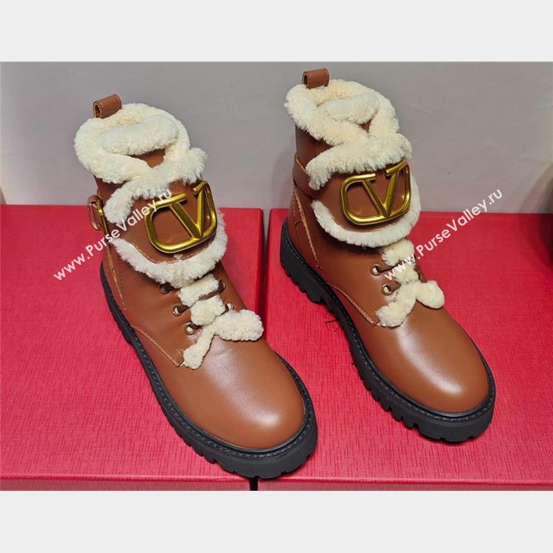 Valentino VLogo Combat Boots In Calfskin and Shearling Brown 2023 (hongyang-23092623)
