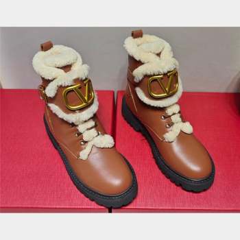 Valentino VLogo Combat Boots In Calfskin and Shearling Brown 2023 (hongyang-23092623)