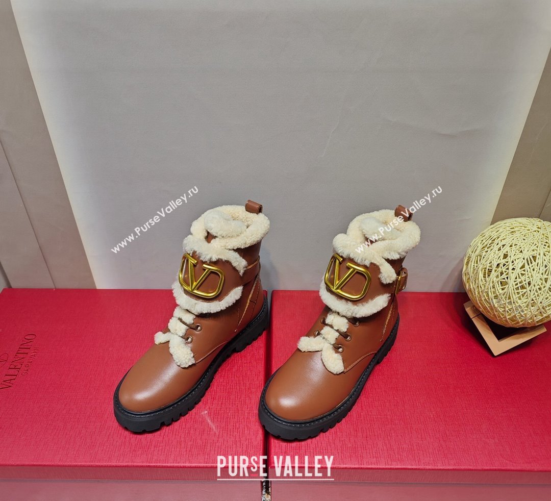 Valentino VLogo Combat Boots In Calfskin and Shearling Brown 2023 (hongyang-23092623)