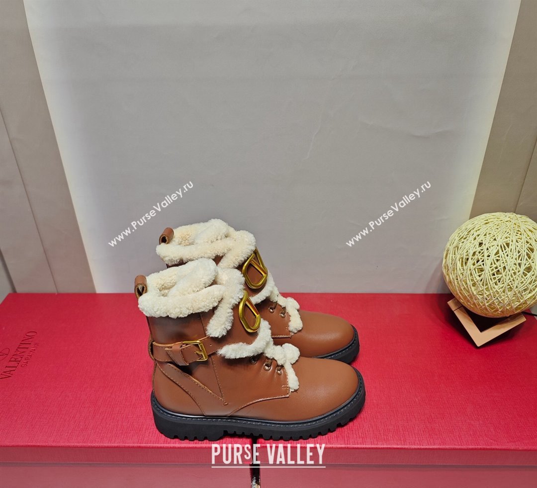 Valentino VLogo Combat Boots In Calfskin and Shearling Brown 2023 (hongyang-23092623)
