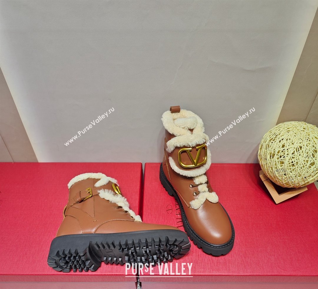 Valentino VLogo Combat Boots In Calfskin and Shearling Brown 2023 (hongyang-23092623)