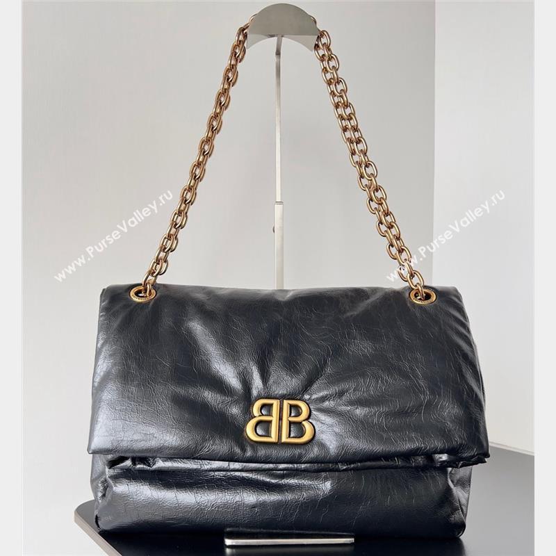 Balenciaga Monaco Medium Chain Bag in Arena calfskin Black/Gold 2023 (jiche-23092804)
