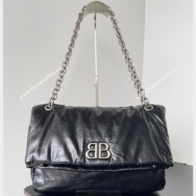 Balenciaga Monaco Medium Chain Bag in Arena calfskin Black/Silver 2023 (jiche-23092806)