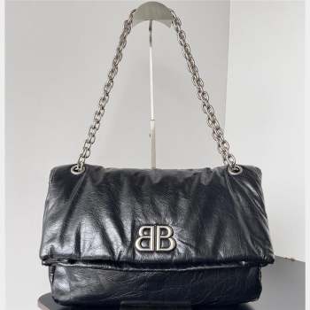 Balenciaga Monaco Medium Chain Bag in Arena calfskin Black/Silver 2023 (jiche-23092806)