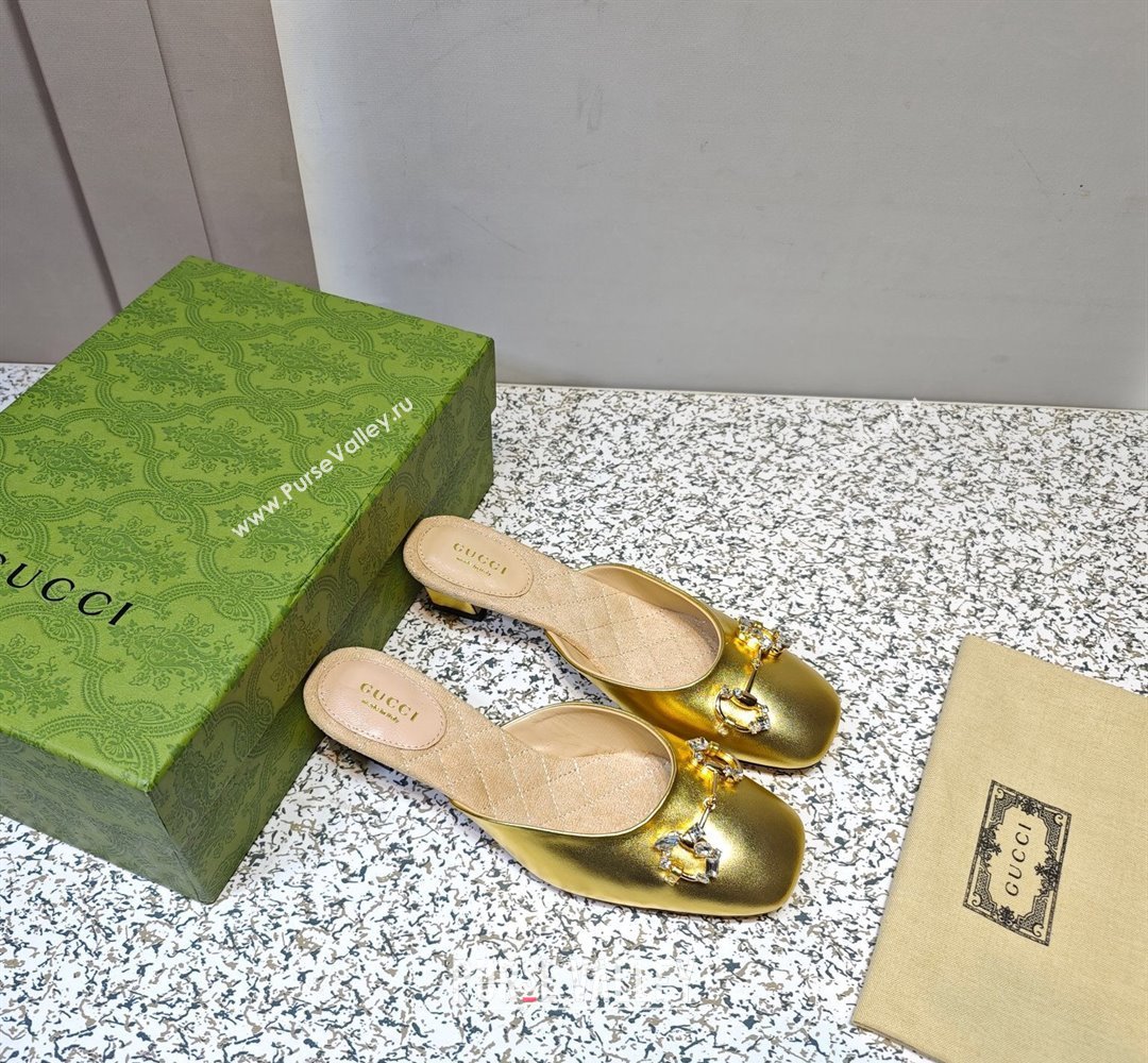 Gucci Heel 4.5cm Horebit with crystals Mules 757748/759778 Gold 2023 (hongyang-23100608)