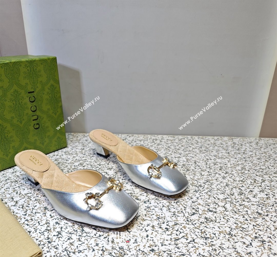 Gucci Heel 4.5cm Horebit with crystals Mules 757748/759778 Silver 2023 (hongyang-23100609)