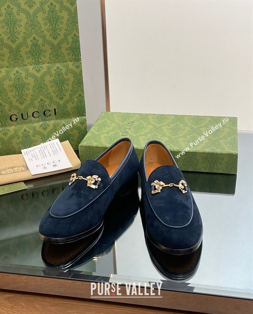 Gucci Horsebit with crystals Jordaan loafers 759918 Suede Dark Blue 2023 (modeng-23100605)