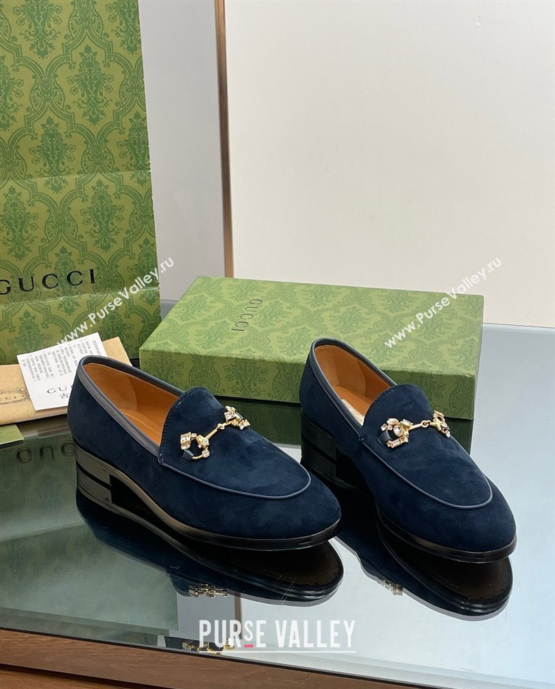 Gucci Horsebit with crystals Jordaan loafers 759918 Suede Dark Blue 2023 (modeng-23100605)