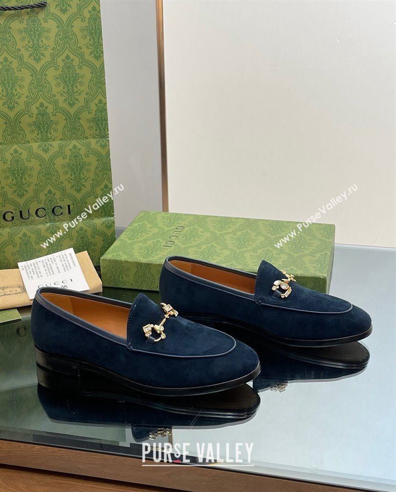 Gucci Horsebit with crystals Jordaan loafers 759918 Suede Dark Blue 2023 (modeng-23100605)