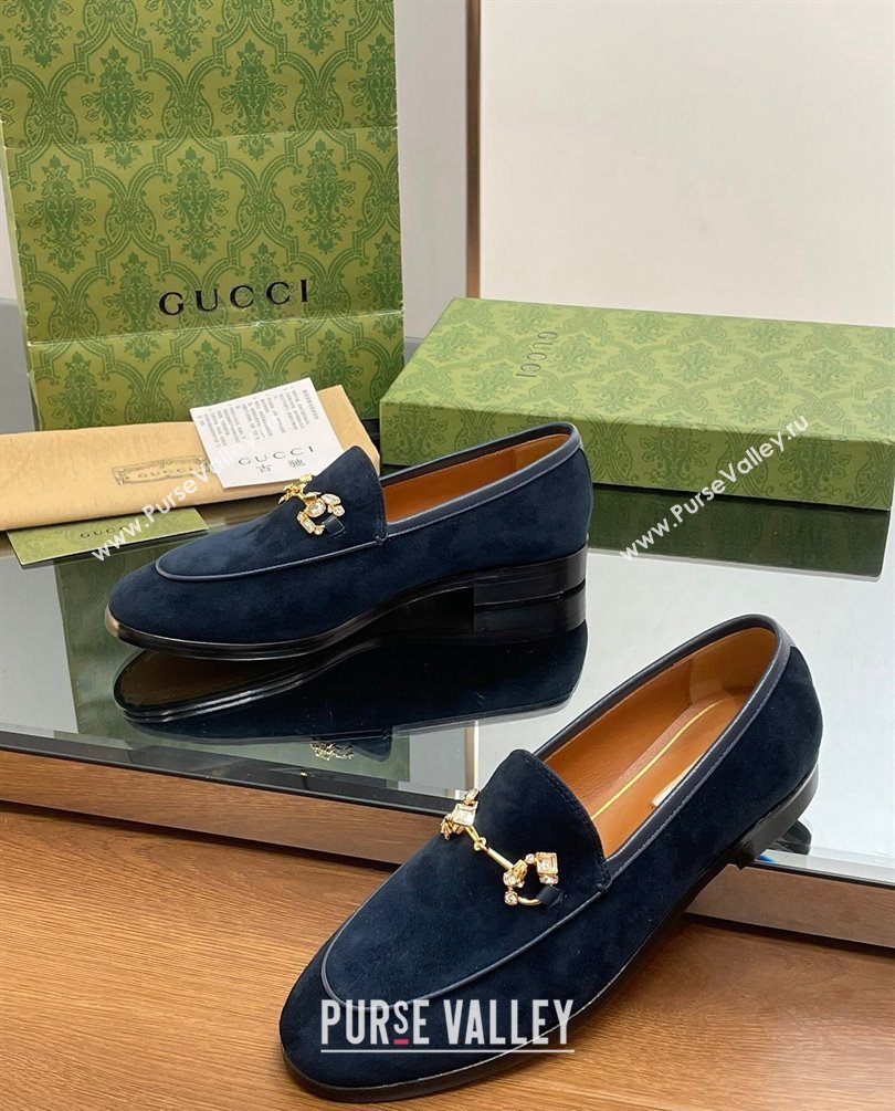 Gucci Horsebit with crystals Jordaan loafers 759918 Suede Dark Blue 2023 (modeng-23100605)