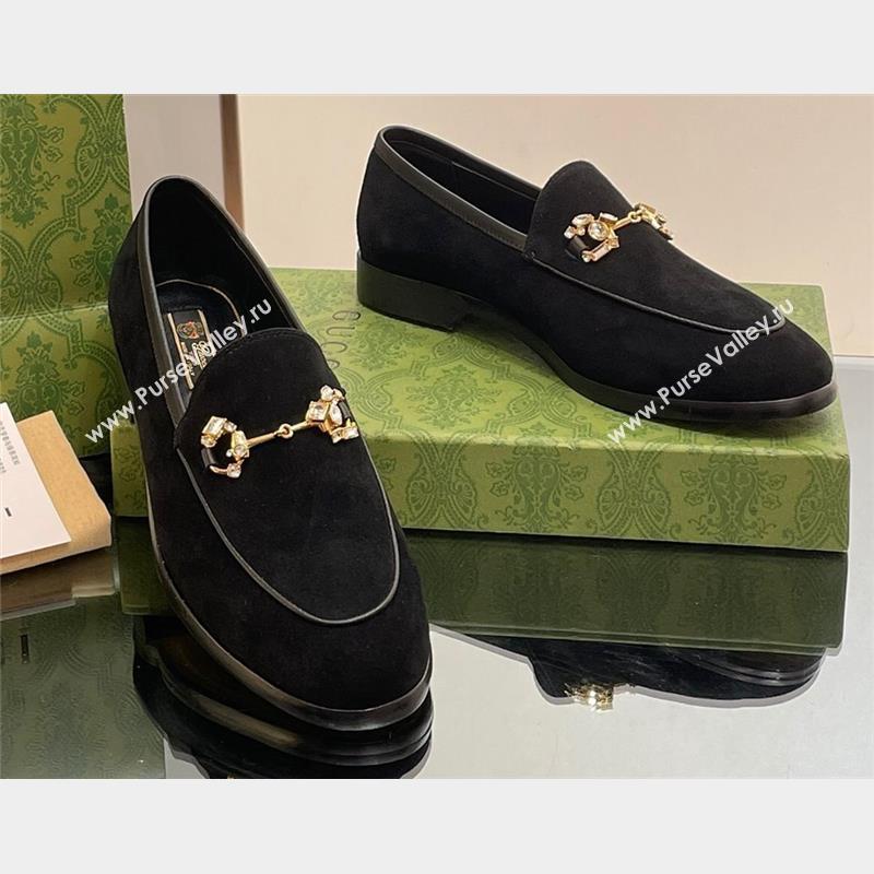 Gucci Horsebit with crystals Jordaan loafers 759918 Suede Black 2023 (modeng-23100604)