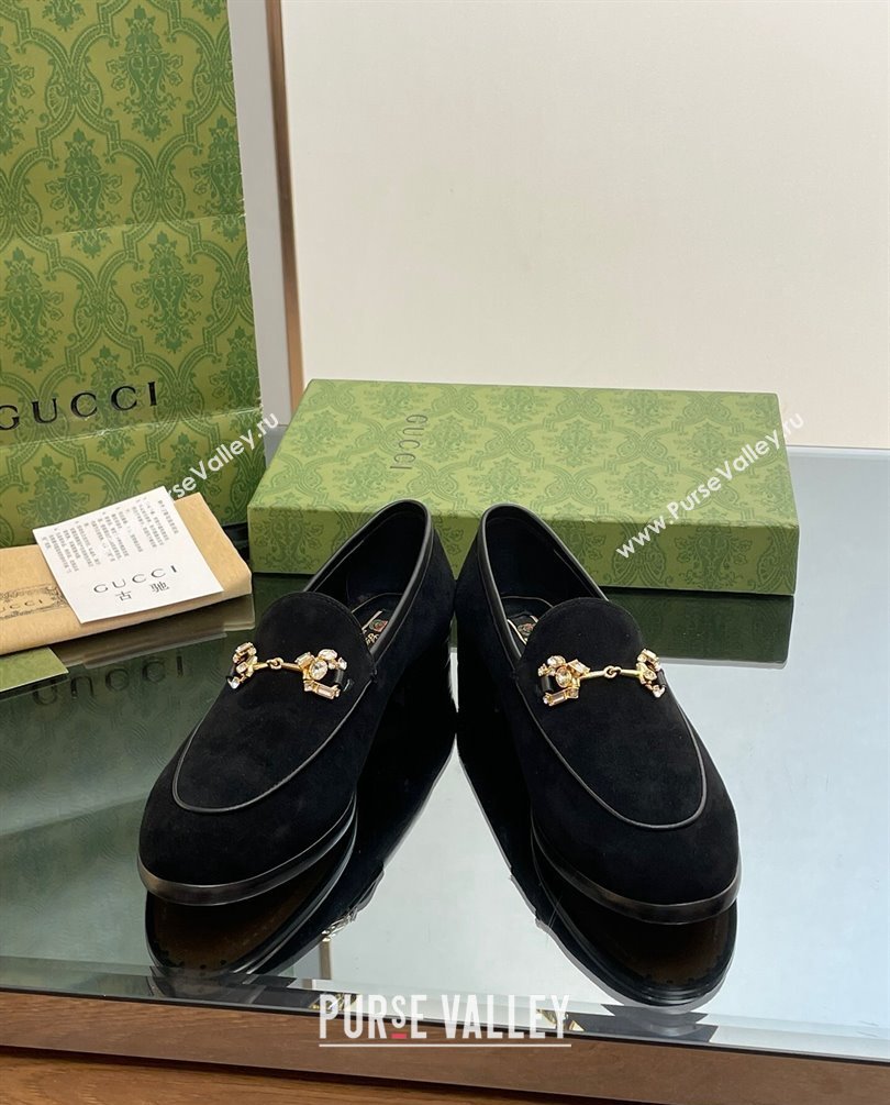 Gucci Horsebit with crystals Jordaan loafers 759918 Suede Black 2023 (modeng-23100604)