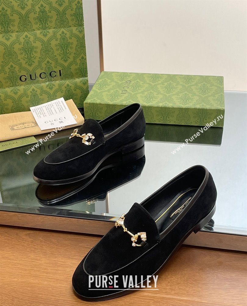 Gucci Horsebit with crystals Jordaan loafers 759918 Suede Black 2023 (modeng-23100604)