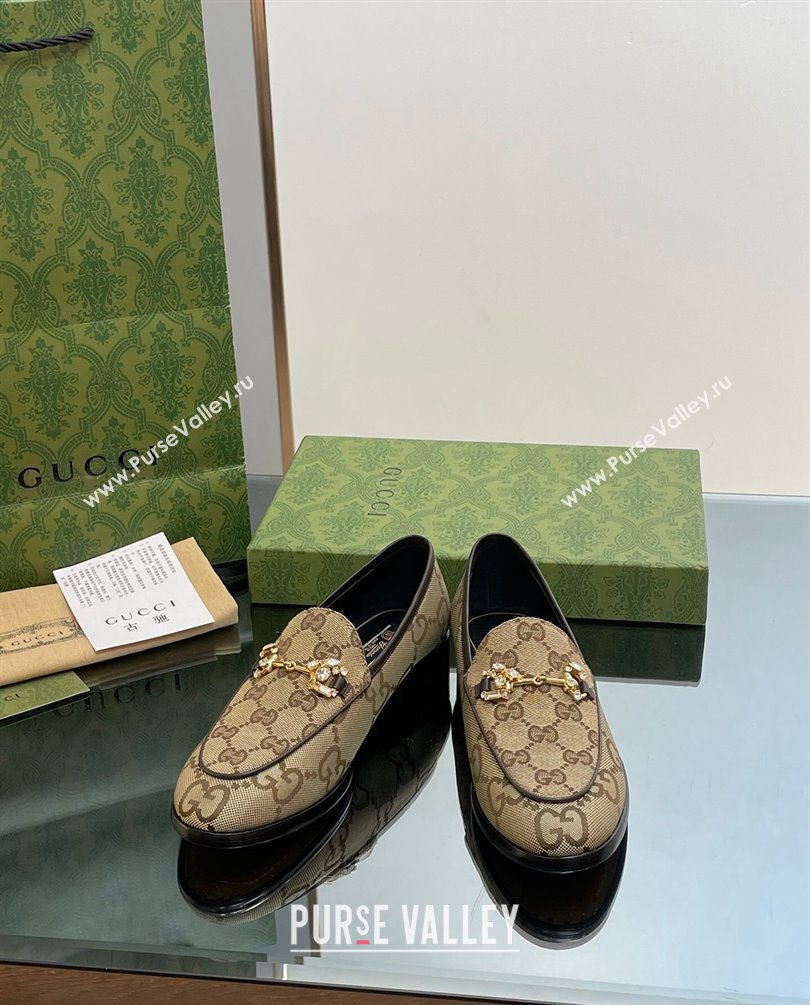 Gucci Horsebit with crystals Jordaan loafers 759918 GG Canvas Beige 2023 (modeng-23100611)