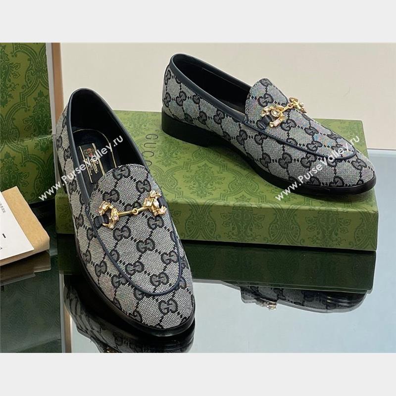 Gucci Horsebit with crystals Jordaan loafers 759918 GG Canvas Blue 2023 (modeng-23100610)