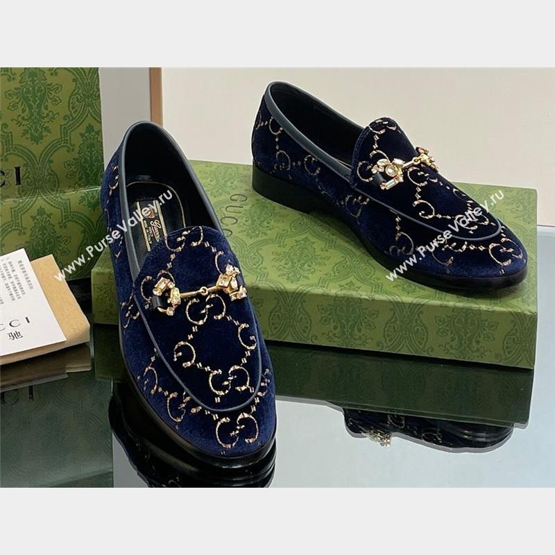 Gucci Horsebit with crystals Jordaan loafers 759918 GG Velvet Dark Blue 2023 (modeng-23100613)