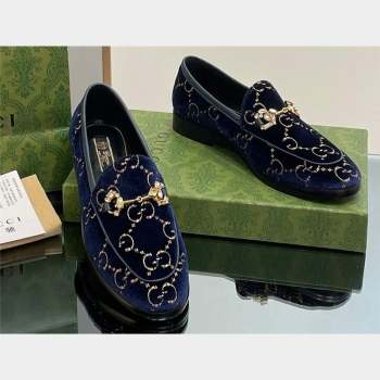 Gucci Horsebit with crystals Jordaan loafers 759918 GG Velvet Dark Blue 2023 (modeng-23100613)