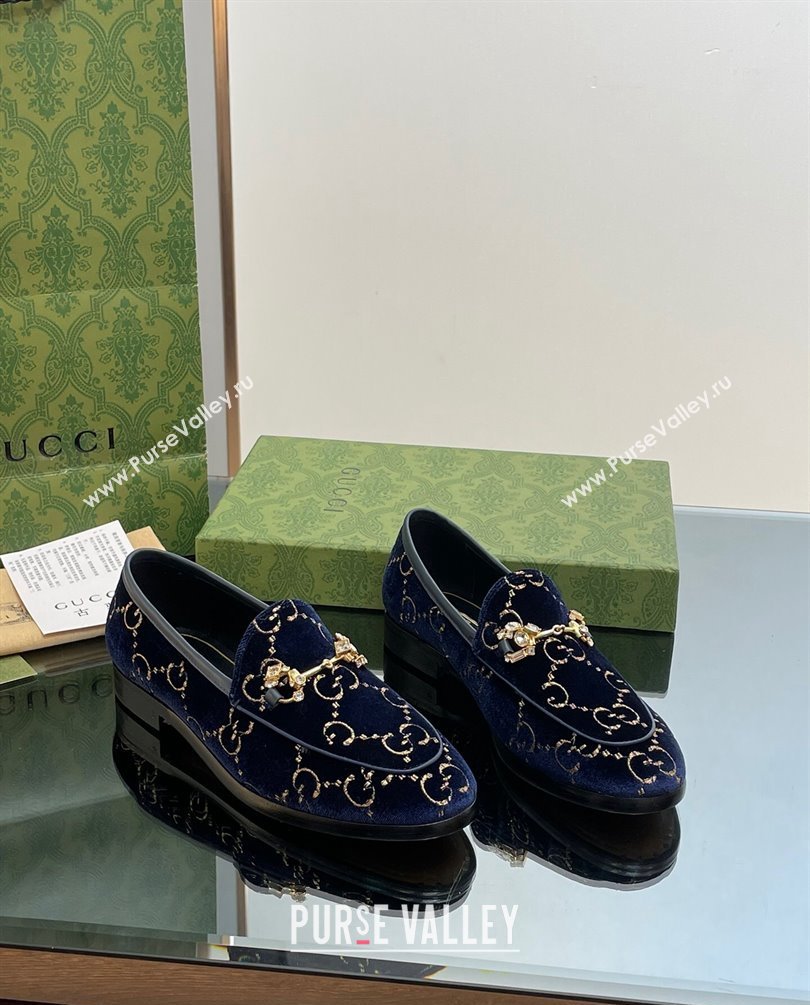 Gucci Horsebit with crystals Jordaan loafers 759918 GG Velvet Dark Blue 2023 (modeng-23100613)