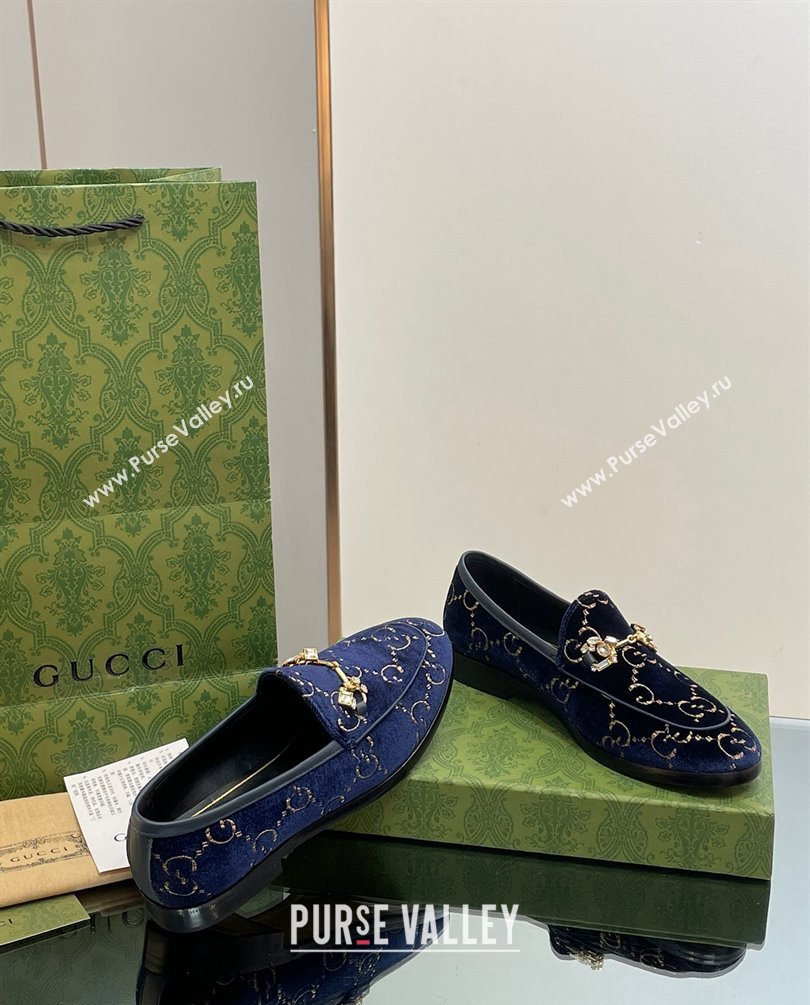 Gucci Horsebit with crystals Jordaan loafers 759918 GG Velvet Dark Blue 2023 (modeng-23100613)