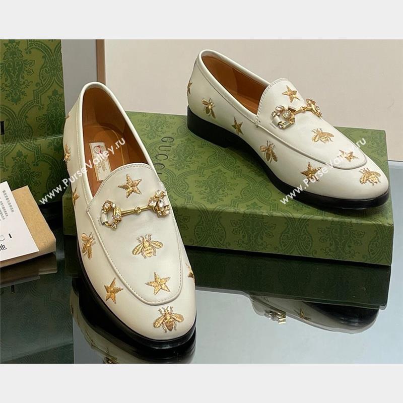 Gucci Horsebit with crystals Jordaan loafers 759918 Gold Bee and Star White 2023 (modeng-23100616)