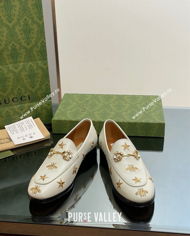 Gucci Horsebit with crystals Jordaan loafers 759918 Gold Bee and Star White 2023 (modeng-23100616)